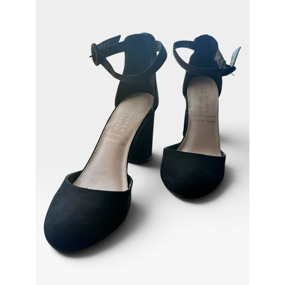 LC Lauren Conrad Women’s 6 Black Suede Ankle Strap Block Heel Pumps D’Orsay